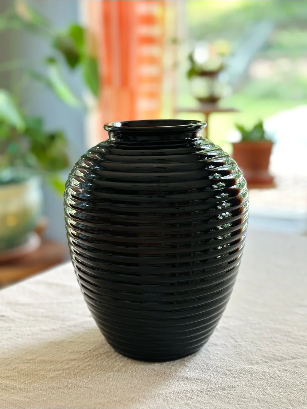 Vintage Art Deco Black Glass Beehive Vase